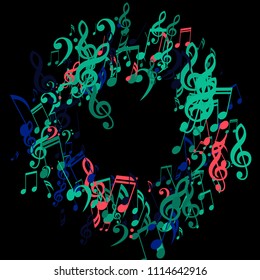 Round Frame of Musical Notes. Trendy Background with Notes, Bass and Treble Clefs. Vector Element for Musical Poster, Banner, Advertising, Card. Minimalistic Simple Background.