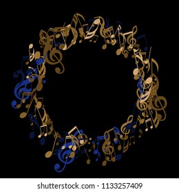 Round Frame of Musical Notes. Trendy Background with Notes, Bass and Treble Clefs. Vector Element for Musical Poster, Banner, Advertising, Card. Minimalistic Simple Background.
