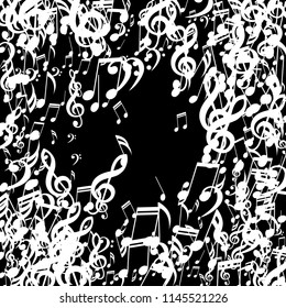 Round Frame of Musical Notes. Trendy Background with Notes, Bass and Treble Clefs. Vector Element for Musical Poster, Banner, Advertising, Card. Minimalistic Simple Background.