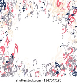 Round Frame of Musical Notes. Trendy Background with Notes, Bass and Treble Clefs. Vector Element for Musical Poster, Banner, Advertising, Card. Minimalistic Simple Background.