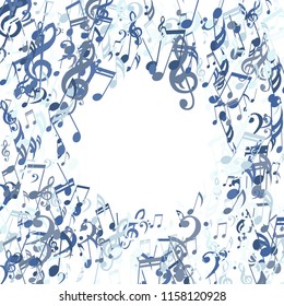 Round Frame of Musical Notes. Trendy Background with Notes, Bass and Treble Clefs. Vector Element for Musical Poster, Banner, Advertising, Card. Minimalistic Simple Background.