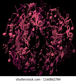 Round Frame of Musical Notes. Trendy Background with Notes, Bass and Treble Clefs. Vector Element for Musical Poster, Banner, Advertising, Card. Minimalistic Simple Background.