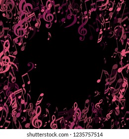 Round Frame of Musical Notes. Trendy Background with Notes, Bass and Treble Clefs. Vector Element for Musical Poster, Banner, Advertising, Card. Minimalistic Simple Background.