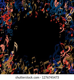 Round Frame of Musical Notes. Trendy Background with Notes, Bass and Treble Clefs. Vector Element for Musical Poster, Banner, Advertising, Card. Minimalistic Simple Background.