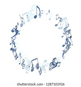 Round Frame of Musical Notes. Trendy Background with Notes, Bass and Treble Clefs. Vector Element for Musical Poster, Banner, Advertising, Card. Minimalistic Simple Background.