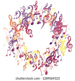 Round Frame of Musical Notes. Trendy Background with Notes, Bass and Treble Clefs. Vector Element for Musical Poster, Banner, Advertising, Card. Minimalistic Simple Background.