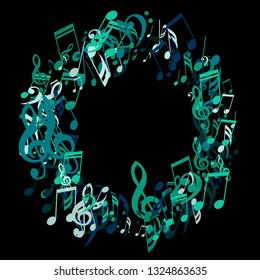 Round Frame of Musical Notes. Trendy Background with Notes, Bass and Treble Clefs. Vector Element for Musical Poster, Banner, Advertising, Card. Minimalistic Simple Background.