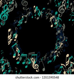 Round Frame of Musical Notes. Trendy Background with Notes, Bass and Treble Clefs. Vector Element for Musical Poster, Banner, Advertising, Card. Minimalistic Simple Background.