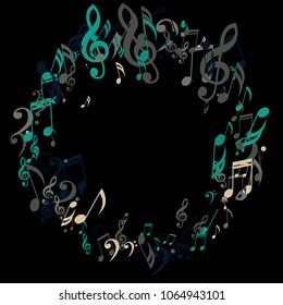 Round Frame of Musical Signs. Abstract Background with Notes, Bass and Treble Clefs. Vector Element for Musical Poster, Banner, Advertising, Card. Minimalistic Simple Background.