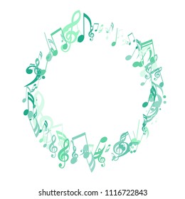 Round Frame of Musical Signs. Abstract Background with Notes, Bass and Treble Clefs. Vector Element for Musical Poster, Banner, Advertising, Card. Minimalistic Simple Background.