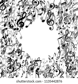 Round Frame of Musical Signs. Abstract Background with Notes, Bass and Treble Clefs. Vector Element for Musical Poster, Banner, Advertising, Card. Minimalistic Simple Background.