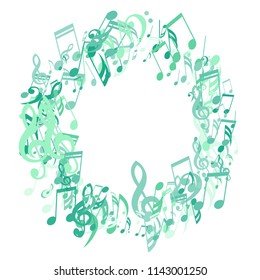 Round Frame of Musical Signs. Abstract Background with Notes, Bass and Treble Clefs. Vector Element for Musical Poster, Banner, Advertising, Card. Minimalistic Simple Background.