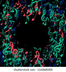 Round Frame of Musical Signs. Abstract Background with Notes, Bass and Treble Clefs. Vector Element for Musical Poster, Banner, Advertising, Card. Minimalistic Simple Background.