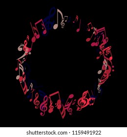 Round Frame of Musical Signs. Abstract Background with Notes, Bass and Treble Clefs. Vector Element for Musical Poster, Banner, Advertising, Card. Minimalistic Simple Background.