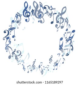 Round Frame of Musical Signs. Abstract Background with Notes, Bass and Treble Clefs. Vector Element for Musical Poster, Banner, Advertising, Card. Minimalistic Simple Background.
