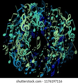 Round Frame of Musical Signs. Abstract Background with Notes, Bass and Treble Clefs. Vector Element for Musical Poster, Banner, Advertising, Card. Minimalistic Simple Background.