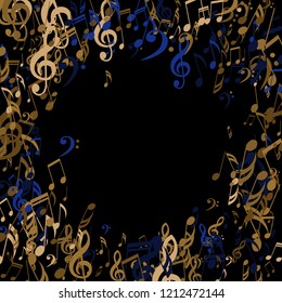 Round Frame of Musical Signs. Abstract Background with Notes, Bass and Treble Clefs. Vector Element for Musical Poster, Banner, Advertising, Card. Minimalistic Simple Background.