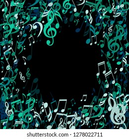 Round Frame of Musical Signs. Abstract Background with Notes, Bass and Treble Clefs. Vector Element for Musical Poster, Banner, Advertising, Card. Minimalistic Simple Background.