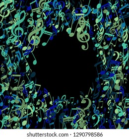 Round Frame of Musical Signs. Abstract Background with Notes, Bass and Treble Clefs. Vector Element for Musical Poster, Banner, Advertising, Card. Minimalistic Simple Background.