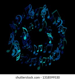 Round Frame of Musical Signs. Abstract Background with Notes, Bass and Treble Clefs. Vector Element for Musical Poster, Banner, Advertising, Card. Minimalistic Simple Background.