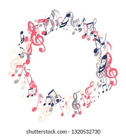 Round Frame of Musical Signs. Abstract Background with Notes, Bass and Treble Clefs. Vector Element for Musical Poster, Banner, Advertising, Card. Minimalistic Simple Background.