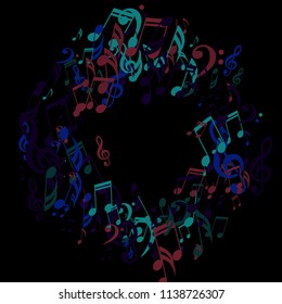 Round Frame of Musical Signs. Creative Background with Notes, Bass and Treble Clefs. Vector Element for Musical Poster, Banner, Advertising, Card. Minimalistic Simple Background.