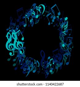 Round Frame of Musical Signs. Creative Background with Notes, Bass and Treble Clefs. Vector Element for Musical Poster, Banner, Advertising, Card. Minimalistic Simple Background.