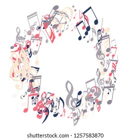 Round Frame of Musical Signs. Creative Background with Notes, Bass and Treble Clefs. Vector Element for Musical Poster, Banner, Advertising, Card. Minimalistic Simple Background.