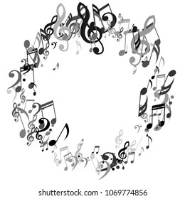 Round Frame of Musical Signs. Modern Background with Notes, Bass and Treble Clefs. Vector Element for Musical Poster, Banner, Advertising, Card. Minimalistic Simple Background.