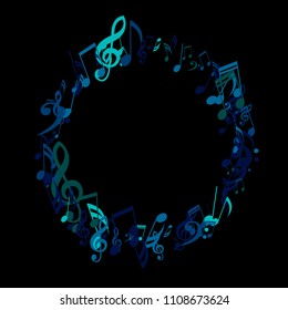 Round Frame of Musical Signs. Modern Background with Notes, Bass and Treble Clefs. Vector Element for Musical Poster, Banner, Advertising, Card. Minimalistic Simple Background.