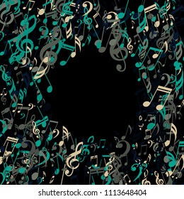 Round Frame of Musical Signs. Modern Background with Notes, Bass and Treble Clefs. Vector Element for Musical Poster, Banner, Advertising, Card. Minimalistic Simple Background.