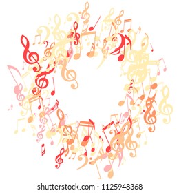 Round Frame of Musical Signs. Modern Background with Notes, Bass and Treble Clefs. Vector Element for Musical Poster, Banner, Advertising, Card. Minimalistic Simple Background.