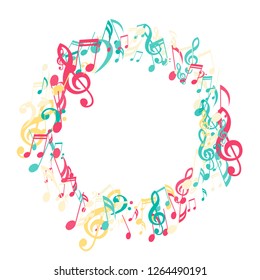 Round Frame of Musical Signs. Modern Background with Notes, Bass and Treble Clefs. Vector Element for Musical Poster, Banner, Advertising, Card. Minimalistic Simple Background.