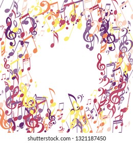 Round Frame of Musical Signs. Modern Background with Notes, Bass and Treble Clefs. Vector Element for Musical Poster, Banner, Advertising, Card. Minimalistic Simple Background.