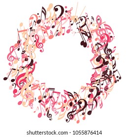 Round Frame of Musical Signs. Trendy Background with Notes, Bass and Treble Clefs. Vector Element for Musical Poster, Banner, Advertising, Card. Minimalistic Simple Background.