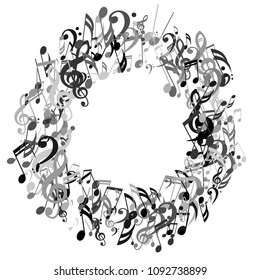 Round Frame of Musical Signs. Trendy Background with Notes, Bass and Treble Clefs. Vector Element for Musical Poster, Banner, Advertising, Card. Minimalistic Simple Background.