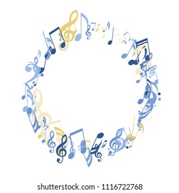 Round Frame of Musical Signs. Trendy Background with Notes, Bass and Treble Clefs. Vector Element for Musical Poster, Banner, Advertising, Card. Minimalistic Simple Background.