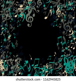 Round Frame of Musical Signs. Trendy Background with Notes, Bass and Treble Clefs. Vector Element for Musical Poster, Banner, Advertising, Card. Minimalistic Simple Background.