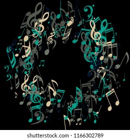 Round Frame of Musical Signs. Trendy Background with Notes, Bass and Treble Clefs. Vector Element for Musical Poster, Banner, Advertising, Card. Minimalistic Simple Background.