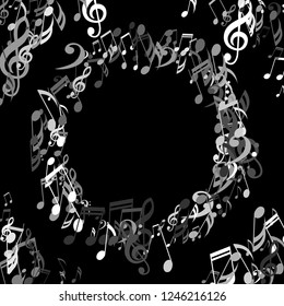 Round Frame of Musical Signs. Trendy Background with Notes, Bass and Treble Clefs. Vector Element for Musical Poster, Banner, Advertising, Card. Minimalistic Simple Background.
