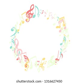 Round Frame of Musical Signs. Trendy Background with Notes, Bass and Treble Clefs. Vector Element for Musical Poster, Banner, Advertising, Card. Minimalistic Simple Background.