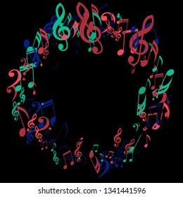 Round Frame of Musical Signs. Trendy Background with Notes, Bass and Treble Clefs. Vector Element for Musical Poster, Banner, Advertising, Card. Minimalistic Simple Background.