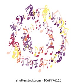 Round Frame of Musical Symbols. Abstract Background with Notes, Bass and Treble Clefs. Vector Element for Musical Poster, Banner, Advertising, Card. Minimalistic Simple Background.