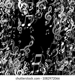 Round Frame of Musical Symbols. Abstract Background with Notes, Bass and Treble Clefs. Vector Element for Musical Poster, Banner, Advertising, Card. Minimalistic Simple Background.