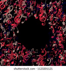 Round Frame of Musical Symbols. Abstract Background with Notes, Bass and Treble Clefs. Vector Element for Musical Poster, Banner, Advertising, Card. Minimalistic Simple Background.