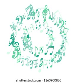 Round Frame of Musical Symbols. Abstract Background with Notes, Bass and Treble Clefs. Vector Element for Musical Poster, Banner, Advertising, Card. Minimalistic Simple Background.