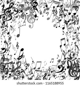 Round Frame of Musical Symbols. Abstract Background with Notes, Bass and Treble Clefs. Vector Element for Musical Poster, Banner, Advertising, Card. Minimalistic Simple Background.