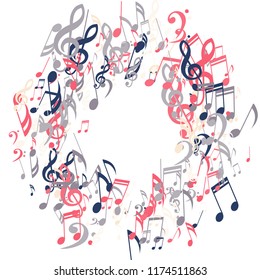 Round Frame of Musical Symbols. Abstract Background with Notes, Bass and Treble Clefs. Vector Element for Musical Poster, Banner, Advertising, Card. Minimalistic Simple Background.