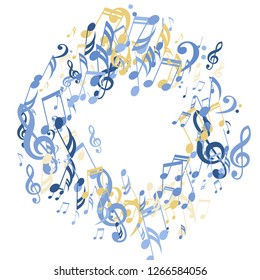 Round Frame of Musical Symbols. Abstract Background with Notes, Bass and Treble Clefs. Vector Element for Musical Poster, Banner, Advertising, Card. Minimalistic Simple Background.