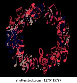 Round Frame of Musical Symbols. Abstract Background with Notes, Bass and Treble Clefs. Vector Element for Musical Poster, Banner, Advertising, Card. Minimalistic Simple Background.